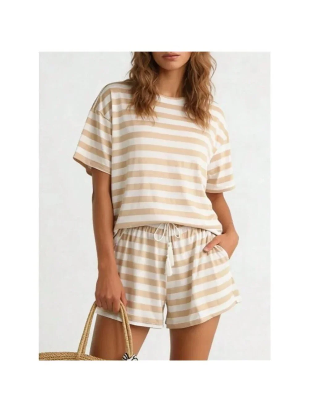Striped Short Sleeve Tee and Drawstring Shorts Set - Picture 5 of 14